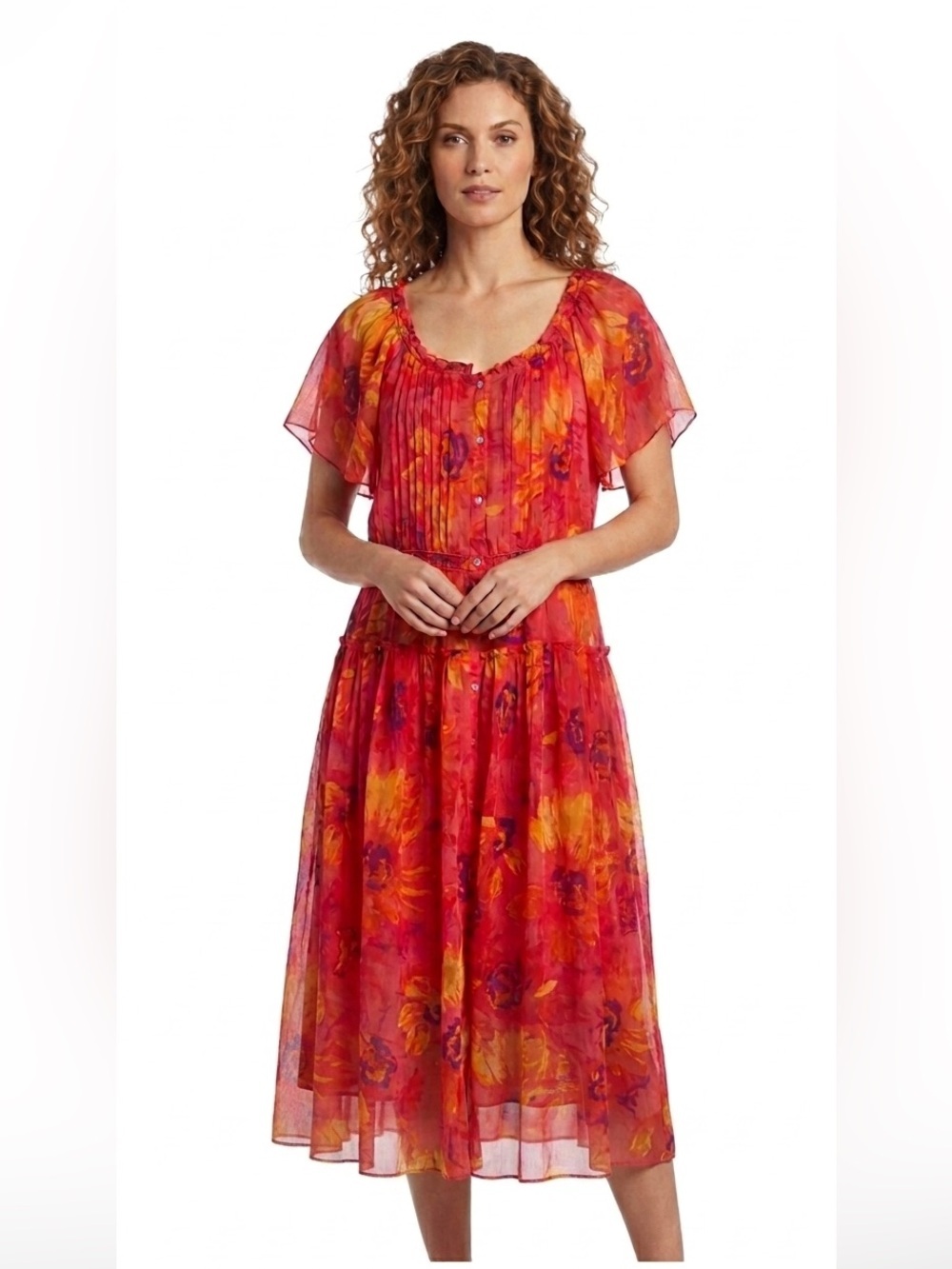 Sundance Red Floral Flutter Sleeve Lined Midi Dress Large